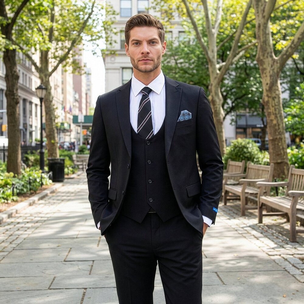 New 2026 Mens 3pc Nailhead Black Suit Set, Hybrid Fit